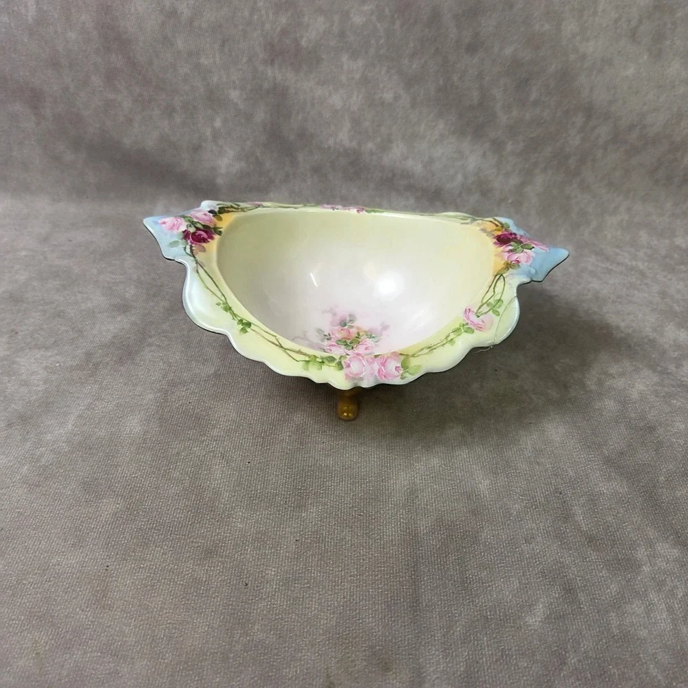 Limoges France Antique Footed Porcelain Bowl Hand Painted Pink Roses Gold Feet - Picture 6 of 8